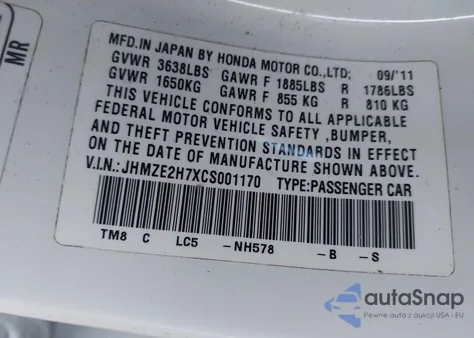 2012 Honda Insight Ex from USA, damaged, VIN JHMZE2H7XCS001170